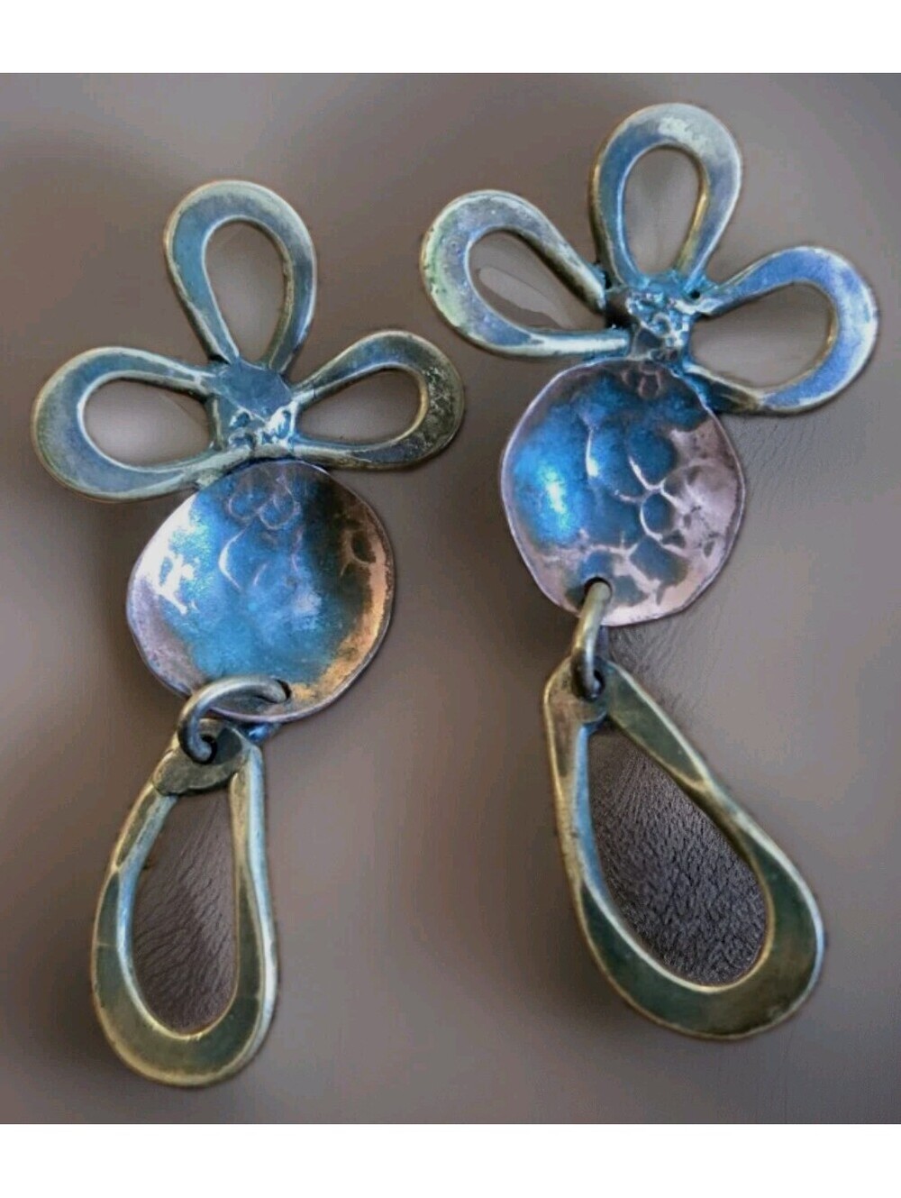 Vintage Estate Tribal Look American Copper Verdigris Pierced Drop Earrings 2.5"